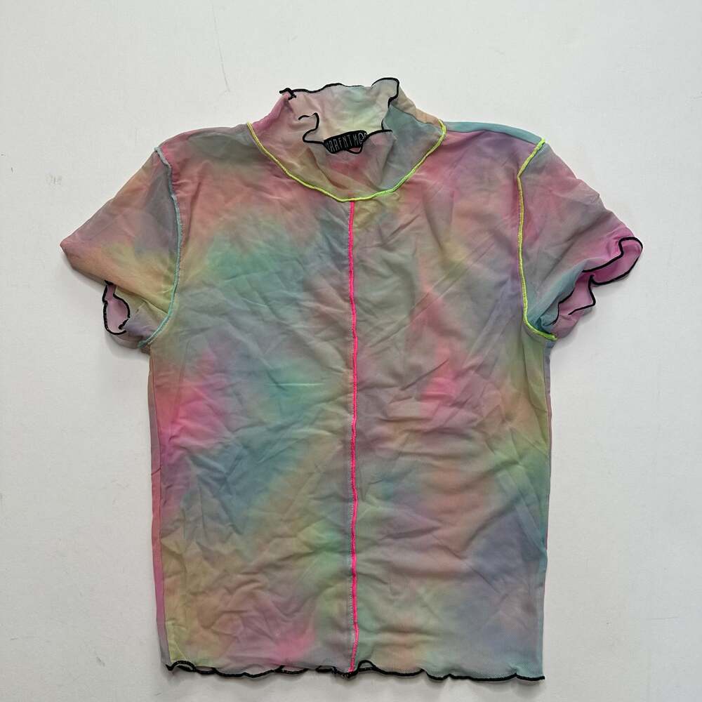 Current Mood Pastel Rainbow Sheer Mesh Lettuce Edge Mock Neck Top - Picture 3 of 4